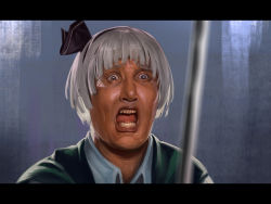 Rule 34 | 1girl, asutora, black hairband, black ribbon, blurry, blurry foreground, commando (movie), commentary request, green vest, grey eyes, hair ribbon, hairband, konpaku youmu, letterboxed, open mouth, portrait, ribbon, shirt, short hair, silver hair, solo, sword, touhou, vest, weapon, white shirt, wing collar