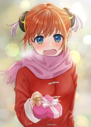 Rule 34 | 1girl, absurdres, bandaid, bandaid on hand, blue eyes, blurry, blurry background, blush, bow, box, brown hair, coat, double bun, gintama, hair bun, heart-shaped box, highres, holding, holding bow (ornament), kagura (gintama), kuroneko w1nter, lens flare, long sleeves, looking at viewer, nail polish, open mouth, pink nails, pink scarf, red coat, ribbon, scarf, solo, upper body, white ribbon