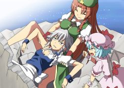 Rule 34 | 3girls, album cover, arm garter, bat wings, blue eyes, bow, braid, breast rest, breasts, breasts on head, clenched hand, cover, debris, hat, hong meiling, izayoi sakuya, large breasts, long hair, macross, macross 7, maid headdress, medium breasts, multiple girls, ocean, parody, red hair, remilia scarlet, ribbon, shimouki izui, short hair, silver hair, torn clothes, touhou, twin braids, water, wings