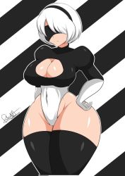 Rule 34 | 1girl, black theme, black thighhighs, blindfold, breasts, cleavage, cleavage cutout, clothing cutout, covered navel, curvy, elbow gloves, fake face, gloves, hairband, hand on own hip, highleg, highleg leotard, large breasts, leotard, narrow waist, nier (series), nier:automata, puffy sleeves, short hair, signature, solo, striped, striped background, thick thighs, thighhighs, thighs, white hair, wide hips, 2b (nier:automata)