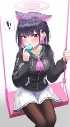 Rule 34 | !, 1girl, absurdres, animal ears, arch a4, black hair, black hoodie, blue archive, blush, breasts, brown pantyhose, cat ears, colored inner hair, commentary, drawstring, feet out of frame, food, green sailor collar, hair ornament, hairclip, halo, hand up, highres, holding, holding food, hood, hood down, hoodie, kazusa (blue archive), large breasts, long sleeves, looking at viewer, macaron, multicolored hair, neckerchief, open mouth, pantyhose, pink eyes, pink hair, pink halo, pink neckerchief, pleated skirt, sailor collar, short hair, simple background, sitting, skirt, solo, spoken exclamation mark, swing, white background, white skirt