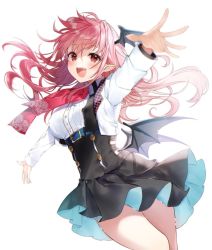 Rule 34 | 1girl, black skirt, black wings, blush, breasts, buttons, cowboy shot, demon horns, floating hair, head wings, horns, koakuma, large breasts, long hair, long sleeves, looking at viewer, low wings, natsuki (ukiwakudasai), open mouth, outstretched arms, pointy ears, red eyes, red hair, red scarf, scarf, shirt, simple background, skirt, smile, solo, spread arms, touhou, underbust, white background, white shirt, wings