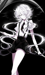 Rule 34 | 1other, absurdres, androgynous, artist name, black background, black nails, black neckwear, black skirt, feet out of frame, ghost quartz (houseki no kuni), grey eyes, hair over one eye, head tilt, highres, houseki no kuni, long hair, low twintails, miniskirt, nail polish, parted lips, sheya, shirt, short hair with long locks, short sleeves, signature, silver hair, simple background, skirt, solo, sparkle, standing, suspender skirt, suspenders, thighs, twintails, white shirt, wing collar