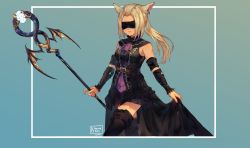 Rule 34 | 1girl, animal ears, artist name, black dress, black thighhighs, blindfold, blonde hair, blue background, breasts, center frills, character request, commentary, commission, dated, dress, ear piercing, english commentary, final fantasy, final fantasy xiv, frills, highres, holding, holding staff, kobutanori, long hair, medium breasts, piercing, ponytail, skirt hold, sleeveless, sleeveless dress, solo, staff, thighhighs, warrior of light (ff14)