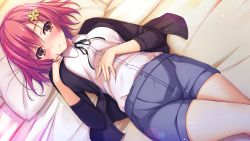 Rule 34 | 1girl, 3:, bed, bed sheet, black ribbon, blue shorts, blush, breasts, brown eyes, closed mouth, collared shirt, crossed legs, dress shirt, eyebrows, flower, game cg, hair flower, hair ornament, hand on own chest, hand on own stomach, highres, jacket, katagiri aika, lens flare, light particles, looking at viewer, lying, medium breasts, neck ribbon, nervous, nose blush, official art, on back, on bed, open clothes, open jacket, pillow, pink hair, reminiscence, ribbon, shirt, short hair, shorts, solo, sweatdrop, tomose shunsaku, white shirt