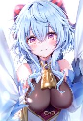 Rule 34 | 1girl, absurdres, amaki ruto, bare shoulders, bell, blue hair, breasts, closed mouth, curtains, detached sleeves, ganyu (genshin impact), genshin impact, gloves, gold trim, highres, holding curtain, horns, long hair, looking at viewer, medium breasts, neck bell, purple eyes, scan, shiny clothes, simple background, sleeveless, smile, solo, upper body, white background