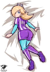Rule 34 | 1girl, absurdres, artist logo, artist name, ass, blonde hair, blue bodysuit, blue eyes, bodystocking, bodysuit, bodysuit under clothes, cleats, clenched hand, crown, earrings, expressionless, eyelashes, full body, hair over one eye, highres, jersey, jewelry, kaos art, kneehighs, lips, long hair, long sleeves, looking at viewer, mario (series), mario strikers: battle league, nintendo, open hand, parted lips, purple footwear, purple shirt, purple shorts, purple socks, rosalina, shirt, short shorts, short sleeves, shorts, skin tight, soccer uniform, socks, solo, sportswear, star (symbol), striped clothes, striped shirt, white background