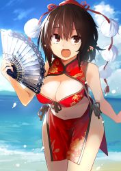 Rule 34 | 1girl, alternate costume, bare arms, bare shoulders, beach, black hair, blue sky, breasts, brown eyes, china dress, chinese clothes, cleavage, commentary request, cowboy shot, crop top, day, dress, floral print, folding fan, front-tie top, hair between eyes, hand fan, hat, holding, holding fan, kamukamu (ars), large breasts, leaning forward, looking at viewer, midriff, navel, ocean, open mouth, outdoors, pelvic curtain, pointy ears, pom pom (clothes), red skirt, sand, shameimaru aya, short hair, side-tie skirt, side slit, skirt, sky, solo, standing, stomach, tassel, thighs, tokin hat, touhou, water