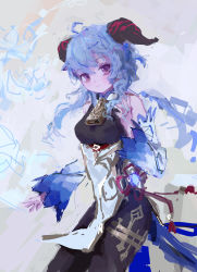 Rule 34 | 1girl, ahoge, bare shoulders, bell, black dress, black pantyhose, blue hair, blue ribbon, breasts, closed mouth, commentary, cowboy shot, dress, english commentary, fingernails, ganyu (genshin impact), genshin impact, gold trim, gradient clothes, hair between eyes, highres, horns, long hair, long sleeves, looking at viewer, medium breasts, pantyhose, purple eyes, red ribbon, reddizen, ribbon, smile, solo, standing, tabard, tassel