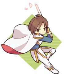 Rule 34 | 1boy, armor, brown eyes, brown hair, cape, commentary request, faulds, fire emblem, fire emblem: thracia 776, full body, gold trim, green background, haconeri, holding, holding sword, holding weapon, leif (fire emblem), nintendo, open mouth, pauldrons, red cape, short hair, shoulder armor, solo, sword, two-sided cape, two-sided fabric, two-tone background, two-tone cape, weapon, white background, white cape