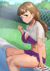 Rule 34 | 1girl, :o, absurdres, alternate hairstyle, artworks/90716557, bikini, bikini under clothes, blouse, blunt bangs, blush, breasts, brown hair, clothes lift, collarbone, feet out of frame, fence, frilled bikini, frills, highres, idolmaster, idolmaster cinderella girls, kamiya nao, large breasts, looking at viewer, looking to the side, mikohachi, navel, outdoors, pool, poolside, purple bikini, red eyes, see-through, shirt, shirt lift, short sleeves, sideways glance, sitting, solo, sweatdrop, swimsuit, thick thighs, thighs, wet, wet clothes, wet shirt, white shirt