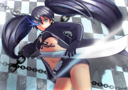 Rule 34 | 10s, 1girl, bad id, bad pixiv id, bikini, bikini top only, black gloves, black hair, black rock shooter, black rock shooter (character), blue eyes, chain, checkered background, coat, flat chest, front-tie bikini top, front-tie top, gloves, glowing, glowing eye, hair between eyes, highres, katana, kkun88, lips, long hair, midriff, navel, short shorts, shorts, solo, swimsuit, sword, twintails, uneven twintails, very long hair, weapon