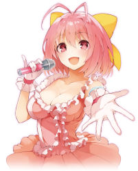 Rule 34 | 1girl, :d, antenna hair, blush, bow, breasts, cleavage, dress, gloves, hair bow, kami nomi zo shiru sekai, looking at viewer, microphone, nakagawa kanon, open mouth, outstretched arm, outstretched hand, pink eyes, pink hair, pinky out, pyon-kichi, short hair, smile, solo, white background