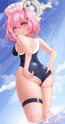 Rule 34 | 1girl, 82jhin, absurdres, ass, blue archive, blush, breasts, closed mouth, commission, hair between eyes, hair ornament, halo, hat, highres, lens flare, looking at viewer, looking back, medium breasts, medium hair, nurse cap, pink eyes, pink hair, pink hat, school swimsuit, serina (blue archive), sky, solo, swimsuit, thigh strap, wet, yellow halo