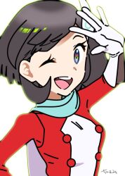 Rule 34 | 1girl, black hair, churumi (grie), creatures (company), game freak, gloves, green scarf, looking at viewer, nintendo, official alternate costume, one eye closed, open mouth, pokemon, pokemon masters ex, scarf, selene (pokemon), selene (special costume) (pokemon), short hair, signature, smile, solo, upper body, white gloves