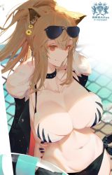 Rule 34 | 1girl, animal ears, arknights, atianshi, bikini, black choker, blonde hair, breasts, choker, cleavage, closed mouth, collar, collarbone, commentary, eyewear on head, flower, fur trim, hair flower, hair ornament, highres, large breasts, lion ears, navel, ponytail, red eyes, short hair, siege (arknights), smile, solo, spiked collar, spikes, sunglasses, swimsuit
