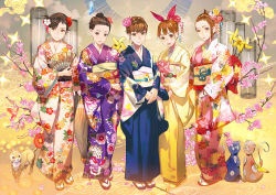 Rule 34 | 5girls, :d, bangs pinned back, blue kimono, bow, branch, brown eyes, brown hair, cat, cherry blossoms, commentary request, dan evan, floral print, flower, folding fan, geta, hair bow, hair bun, hair flower, hair ornament, hand fan, highres, holding, holding fan, japanese clothes, kimono, long sleeves, looking at viewer, multiple girls, obi, open mouth, original, own hands together, pink bow, pink kimono, purple kimono, sandals, sash, single hair bun, smile, standing, v arms, white legwear, wide sleeves, yellow kimono