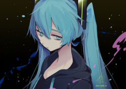 Rule 34 | 1girl, aqua eyes, aqua hair, black background, black hoodie, commentary, dated, expressionless, hair ornament, half-closed eyes, hatsune miku, highres, hood, hoodie, looking at viewer, signature, solo, splatter, twintails, upper body, vocaloid, wanaxtuco