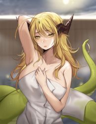Rule 34 | 1girl, ahoge, armpits, blonde hair, blurry, blurry background, breasts, cleavage, commentary, depth of field, english commentary, fingernails, glint, green eyes, hair between eyes, hand up, highres, horns, huge breasts, lamia, long fingernails, long hair, looking at viewer, monster girl, naked towel, original, parted lips, snek (terupancake), solo, terupancake, towel, upper body, wet, white towel