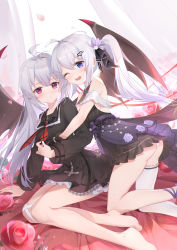 Rule 34 | 2girls, ;), absurdres, ahoge, arm support, ass, bare legs, bare shoulders, barefoot, bat wings, black dress, black gloves, black ribbon, blush, breasts, character request, copyright request, dress, flower, frilled shirt collar, frills, gloves, grey hair, hair ornament, hair ribbon, heart, heart hair ornament, highres, hug, hug from behind, kneeling, leaning on person, legs, long hair, long sleeves, looking at viewer, medium breasts, multiple girls, one eye closed, panties, pointy ears, purple eyes, red eyes, red flower, red neckwear, red rose, ribbon, rose, side ponytail, sidelocks, single thighhigh, sitting, smile, somna, thighhighs, underwear, very long hair, virtual youtuber, white legwear, white panties, wings, yuri
