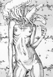 Rule 34 | 1girl, artist request, monochrome, monster, monster girl, nude, spine, standing, tentacles, uncensored, zombie