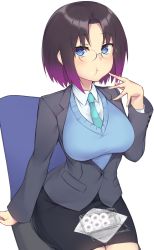 Rule 34 | breasts, brown hair, chair, doughnut, eating, elma (maidragon), food, glasses, gradient hair, highres, jacket, kobayashi-san chi no maidragon, large breasts, looking at viewer, multicolored hair, office chair, office lady, pencil skirt, pinta (ayashii bochi), short hair, simple background, skirt, suit jacket, swivel chair, white background