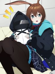 Rule 34 | 1girl, :d, amiya (arknights), animal ear fluff, animal ears, arknights, black jacket, black pantyhose, black skirt, blue eyes, blush, brown hair, character doll, commentary request, couch, doctor (arknights), feet out of frame, hair between eyes, highres, hood, hood down, hooded jacket, jacket, jewelry, long hair, long sleeves, makino, notice lines, on couch, open clothes, open jacket, open mouth, pantyhose, pleated skirt, puffy long sleeves, puffy sleeves, rabbit ears, rabbit girl, ring, sitting, skirt, sleeves past wrists, smile, solo