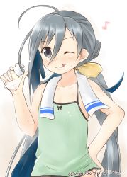 Rule 34 | 10s, 1girl, ;q, ahoge, alternate costume, asymmetrical hair, bare arms, bare shoulders, black bow, blush, bottle, bottomless, bow, camisole, casual, collarbone, drooling, flat chest, grey eyes, grey hair, hair between eyes, hand on own hip, hand up, highres, holding, holding bottle, kantai collection, kiyoshimo (kancolle), long hair, looking at viewer, low twintails, mae (maesanpicture), milk, milk bottle, multicolored hair, musical note, one eye closed, quaver, sketch, sleeveless, smile, solo, spaghetti strap, sweat, tongue, tongue out, towel, towel around neck, transparent, twintails, twitter username, two-tone hair, upper body, very long hair