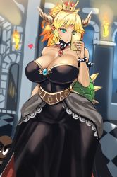 Rule 34 | 1girl, amano cigusa, armlet, bare shoulders, black dress, blonde hair, blue eyes, blush, bowsette, bracelet, breasts, cellphone, cleavage, collar, commentary request, crown, dress, goomba, heart, highres, horns, huge breasts, jewelry, mario (series), nail polish, new super mario bros. u deluxe, nintendo, phone, selfie, smartphone, solo focus, spiked bracelet, spiked collar, spikes, super crown, wide hips