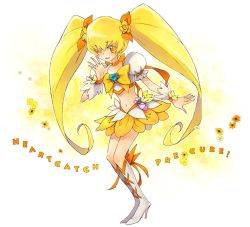Rule 34 | 10s, 1girl, boots, bow, brooch, copyright name, cure sunshine, heart, heart brooch, heartcatch precure!, jewelry, knee boots, legs, long hair, magical girl, midriff, myoudouin itsuki, one eye closed, precure, saikachi, saikachi (ogre tree), skirt, solo, twintails, very long hair, yellow background, yellow bow, yellow eyes, yellow skirt, yellow theme