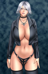 Rule 34 | breasts, christie (doa), cleavage, collar, dead or alive, jacket, jewelry, large breasts, midriff, navel, necklace, no bra, panties, tecmo, underwear, white hair