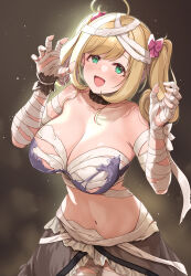 Rule 34 | 1girl, ahoge, bandaged arm, bandaged chest, bandaged fingers, bandaged hand, bandaged head, bandaged wrist, bandages, bare shoulders, blonde hair, blush, breasts, choker, cleavage, collarbone, duplicate, frilled choker, frilled skirt, frills, green eyes, hair ornament, hair ribbon, halloween costume, highres, idolmaster, idolmaster cinderella girls, large breasts, looking at viewer, mk (mod0), mummy costume, navel, open mouth, pixel-perfect duplicate, ribbon, sato shin, shirt, skirt, smile, solo, torn clothes, torn shirt, twintails