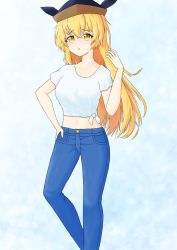 Rule 34 | 1girl, alternate costume, black hat, blonde hair, blue pants, breasts, cowboy shot, denim, hand on own hip, hat, highres, jeans, long hair, matara okina, midriff, navel, okina 0202, open mouth, pants, pointy hat, shirt, short sleeves, small breasts, solo, t-shirt, tied shirt, touhou, very long hair, white shirt, yellow eyes