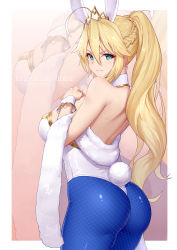 Rule 34 | 1girl, absurdres, ahoge, animal ears, artoria pendragon (all), artoria pendragon (fate), artoria pendragon (swimsuit ruler) (fate), ass, bare shoulders, blonde hair, blue pantyhose, braid, breasts, closed mouth, copyright name, cowboy shot, fake animal ears, fake tail, fate/grand order, fate (series), fei er, french braid, from side, hair between eyes, hand on own chest, highres, large breasts, leotard, long hair, looking at viewer, looking to the side, pantyhose, playboy bunny, ponytail, rabbit ears, rabbit tail, sidelocks, skindentation, smile, solo, tail, tiara, towel, white leotard, wristband, zoom layer