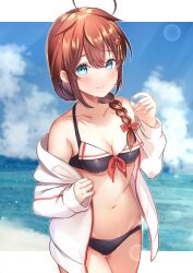 Rule 34 | 1girl, ahoge, bikini, black bikini, blue eyes, blue sky, braid, breasts, brown hair, cloud, collarbone, cowboy shot, day, hair flaps, hair ornament, hair over shoulder, highres, jacket, kantai collection, long sleeves, mashiro aa, navel, ocean, official alternate costume, open clothes, open jacket, sailor bikini, sailor collar, shigure (kancolle), shigure kai ni (kancolle), single braid, sky, small breasts, solo, swimsuit, white jacket