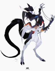 Rule 34 | animal ears, animal focus, artist name, bird wings, black ribbon, body fur, claws, cloven hooves, colored tongue, curled horns, fangs, feathered wings, forked tongue, from side, full body, hands up, highres, holding, holding ribbon, hooves, horns, kamikiririp, monster, no eyes, no humans, open mouth, original, purple tongue, rearing, ribbon, sharp teeth, sheep horns, signature, simple background, solo, spikes, standing, tail, teeth, tongue, tongue out, whiskers, white background, white fur, wings