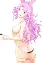 Rule 34 | 10s, 1girl, :3, :d, animal ears, areola slip, ass, backless outfit, bare arms, bare back, bare shoulders, black panties, breasts, butt crack, catharine (granblue fantasy), coffee mug, collarbone, commentary request, covered erect nipples, cowboy shot, cup, curly hair, eyelashes, glasses, granblue fantasy, hair intakes, half-closed eyes, halterneck, head tilt, high ponytail, highres, holding, large breasts, long hair, looking at viewer, looking back, meme attire, mug, open mouth, panties, parted bangs, pince-nez, ponytail, purple eyes, purple hair, ribs, sideboob, sidelocks, simple background, smile, solo, standing, sweater, thighs, turtleneck, turtleneck sweater, underwear, virgin killer sweater, white background, yellow sweater