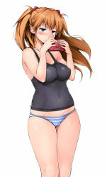 Rule 34 | 1girl, blue eyes, blush, breasts, cameltoe, curvy, handheld game console, impossible clothes, impossible shirt, large breasts, long hair, neon genesis evangelion, nintendo ds, panties, shinozuka jouji, shirt, simple background, solo, souryuu asuka langley, striped clothes, striped panties, tank top, thighs, twintails, two side up, underwear
