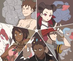 Rule 34 | 2girls, 3boys, black hair, book, breasts, bright pupils, brock (pokemon), brown eyes, brown hair, claws, cleavage, closed eyes, cranidos, creature, creatures (company), crossed arms, dark-skinned female, dark-skinned male, dark skin, elite four, face, game freak, gen 1 pokemon, gen 3 pokemon, gen 4 pokemon, gen 6 pokemon, gen 7 pokemon, glasses, grant (pokemon), green nails, grey hair, gym leader, helmet, holding, holding book, horns, island kahuna, looking at viewer, lycanroc, lycanroc (midnight), medium breasts, mining helmet, multiple boys, multiple girls, nail polish, nintendo, nosepass, olivia (pokemon), onix, pokemon, pokemon (creature), pokemon dppt, pokemon oras, pokemon rgby, pokemon sm, pokemon xy, roark (pokemon), roxanne (pokemon), short hair, signature, single horn, smirk, spiked hair, ssalbulre, topless male, twintails, tyrunt