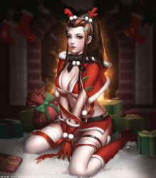 Rule 34 | 1girl, backlighting, bikini, black bow, bow, breasts, brigitte (overwatch), brown eyes, brown hair, christmas, cleavage, hair ornament, large breasts, liang xing, long hair, looking at viewer, overwatch, overwatch 1, parted lips, ponytail, red bikini, sitting, solo, swimsuit, thigh strap, thighhighs, white thighhighs