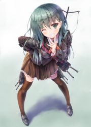 Rule 34 | 10s, 1girl, ;d, blush, brown thighhighs, collared shirt, green eyes, green hair, grin, hand on own hip, jewelry, kantai collection, machinery, one eye closed, open mouth, pleated skirt, ring, school uniform, shirt, shoulder pads, skirt, smile, striped clothes, striped thighhighs, suien, suzuya (kancolle), thighhighs, turret, wedding ring, wink