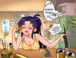 Rule 34 | 1girl, beer can, blush, breasts, can, cleavage, closed eyes, cup ramen, drink can, drunk, earrings, food, hiccup, highres, instant ramen, jewelry, katsuragi misato, kitchen, medium breasts, neon genesis evangelion, noodles, open mouth, plant, purple hair, ramen, snegovski, solo, squeans