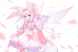 Rule 34 | angel wings, animal ears, bands, bow, bug, butterfly, cherry blossoms, commission, dress, fairy wings, frilled dress, frills, gloves, gradient hair, bug, light purple hair, long hair, looking at viewer, multicolored hair, original, pink hair, purple eyes, runastark, smile, tail, wings