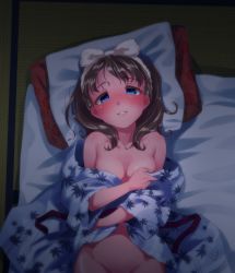Rule 34 | 1girl, absurdres, bath yukata, blue eyes, blush, breasts, brown hair, commentary request, covering privates, covering breasts, from above, futon, hairband, hakkaku shikimi, highres, idolmaster, idolmaster cinderella girls, japanese clothes, kimono, leaf print, looking at viewer, lying, medium breasts, navel, on back, open clothes, open kimono, out-of-frame censoring, parted lips, pillow, sakuma mayu, smile, solo, sweat, tatami, white hairband, yukata