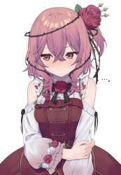 Rule 34 | ..., 1girl, black bow, blush, bow, brown eyes, clothing cutout, cowboy shot, flower, hair flower, hair ornament, highres, looking to the side, nijisanji, nijisanji en, pink hair, plant, red flower, red rose, rose, rosemi lovelock, rosemi lovelock (1st costume), shoulder cutout, simple background, solo, syhan, thorns, vines, virtual youtuber, white background, white flower, white rose