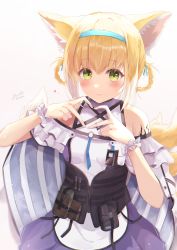 Rule 34 | 1girl, animal ears, aokabi (aokabic), apron, arknights, bad id, bad pixiv id, bare shoulders, blonde hair, blue hairband, blush, braid, braided hair rings, breasts, closed mouth, commentary request, fox ears, fox girl, fox tail, gradient background, grey background, hair between eyes, hair rings, hairband, hands up, heart, heart hands, highres, kita high school uniform, looking at viewer, material growth, oripathy lesion (arknights), purple skirt, school uniform, scrunchie, shirt, signature, skirt, small breasts, smile, solo, suzuran (arknights), tail, twin braids, twitter username, waist apron, white apron, white background, white scrunchie, white shirt, wrist scrunchie