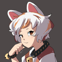 Rule 34 | 1girl, animal ears, bell, bracelet, brown eyes, brown hair, cat ears, cat girl, character request, closed mouth, from side, goutokuji mike, grey background, hand on own face, highres, jewelry, jingle bell, looking at viewer, mobcap, multicolored hair, multicolored shirt, neck bell, paw pose, portrait, simple background, solo, streaked hair, swept bangs, touhou, unconnected marketeers, white hair