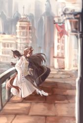 Rule 34 | 2girls, absurdres, agnes tachyon (umamusume), ahoge, animal ears, black coat, black necktie, blurry, blurry background, bridge, brown eyes, brown hair, coat, coffee cup, commentary request, cup, disposable cup, earrings, film grain, hair between eyes, high heels, highres, holding, holding cup, horse ears, horse girl, horse tail, jewelry, lab coat, long bangs, long sleeves, looking at viewer, manhattan cafe (umamusume), multicolored hair, multiple girls, necktie, pantyhose, partial commentary, short hair, short necktie, signature, single earring, sleeves past fingers, sleeves past wrists, sweater, tail, twitter username, two-tone hair, umamusume, white hair, yellow eyes, yellow sweater, yuhkiano