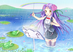 Rule 34 | 1girl, :d, bad id, bad pixiv id, bass clef, conductor baton, beamed quavers, braid, conductor, frog, highres, lily pad, long hair, musical note, nekosugi (hoshi), open mouth, original, partially submerged, purple hair, purple thighhighs, quaver, rain, rainbow, skirt, smile, solo, standing, thighhighs, twin braids, wading, waistcoat, water, yellow eyes, zettai ryouiki