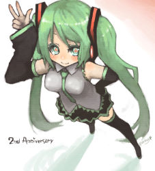 Rule 34 | + +, 1girl, bad id, bad pixiv id, detached sleeves, female focus, from above, full body, gradient background, green eyes, green hair, hatsune miku, headphones, long hair, matching hair/eyes, miyamae porin, necktie, skirt, smile, solo, thighhighs, twintails, v, very long hair, vocaloid, white background, zettai ryouiki